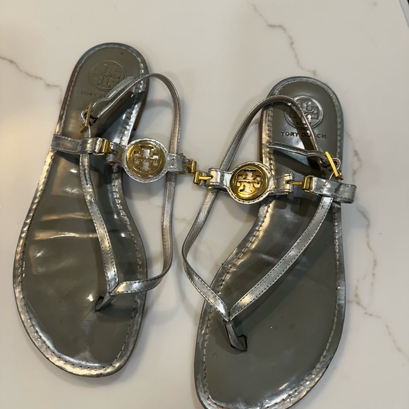 Tory Burch Metallic Silver Sandals with Gold Accents - Picture 1 of 2